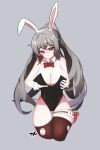  1girl absurdres animal_ears bare_shoulders black_leotard bow bowtie breasts bronya_zaychik bronya_zaychik_(silverwing:_n-ex) brown_thighhighs cleavage commentary_request dr3amoon drill_hair fake_animal_ears grey_eyes grey_hair highres honkai_(series) honkai_impact_3rd korean_commentary large_breasts leotard long_hair looking_at_viewer playboy_bunny pouch rabbit_ears red_bow red_bowtie simple_background solo thigh_pouch thighhighs thighs torn_clothes torn_thighhighs very_long_hair wrist_cuffs 