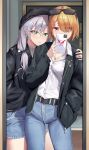  2girls absurdres belt black_belt brown_hair chone denim denim_shorts eyewear_on_head glasses green_eyes grey_hair hair_tie heaven_burns_red highres holding holding_phone izumi_yuki jacket jeans kayamori_ruka long_hair looking_at_phone mirror multiple_girls open_clothes open_jacket pants phone red_eyes see-through_hair selfie she_is_legend_logo shirt shorts white_shirt 