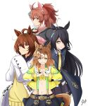  4girls agnes_tachyon_(tach-nology)_(umamusume) agnes_tachyon_(umamusume) ahoge animal_ears bandeau belt black_choker black_coat black_hair black_necktie black_shirt black_skirt blue_skirt braid breasts brown_belt brown_eyes brown_hair checkered_ribbon choker closed_mouth coat collared_shirt commentary_request cork dantsu_flame_(center_spotlight)_(umamusume) dantsu_flame_(umamusume) ear_covers ear_ribbon ear_tag earrings everfree_lovelive grin hair_between_eyes hair_ornament hairclip half_up_braid half_up_half_down_braid highres horse_ears horse_girl horse_tail jacket jam_(umamusume) jewelry jungle_pocket_(champion's_battle_cry)_(umamusume) jungle_pocket_(umamusume) lab_coat large_breasts long_hair long_hair_between_eyes long_sleeves manhattan_cafe_(creeping_shadow)_(umamusume) manhattan_cafe_(umamusume) medium_hair midriff multicolored_hair multiple_girls navel necktie notched_ear open_clothes open_mouth parted_lips red_eyes shirt short_necktie shrug_(clothing) single_earring skirt sleeves_past_fingers sleeves_past_wrists small_breasts smile suspender_skirt suspenders sweater sweater_vest tail teeth test_tube umamusume umamusume:_beginning_of_a_new_era white_coat white_hair wolf_cut yellow_bandeau yellow_eyes yellow_jacket yellow_necktie yellow_sweater yellow_sweater_vest 