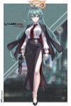  1girl absurdres abydos_high_school_logo ahoge artist_name badge black_jacket black_shoes black_skirt blue_archive breasts character_name commentary_request english_text f0rum7v frown full_body gun hair_between_eyes halo handgun highres holding holding_gun holding_weapon jacket jacket_on_shoulders large_breasts long_hair long_skirt long_sleeves looking_at_viewer necktie orange_halo original_terror_(blue_archive) red_necktie russian_commentary shirt shoes side_slit skirt solo standing very_long_hair weapon white_shirt wing_collar yellow_eyes yume_(blue_archive) 