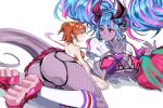  2girls ahoge bikini blue_hair blush breasts cheerleader colored_skin earrings fate/grand_order fate_(series) fishnet_thighhighs fishnets fujimaru_ritsuka_(female) fujimaru_ritsuka_(female)_(brilliant_summer) grey_skin hair_ornament hair_scrunchie highres holding holding_pom_poms hoop_earrings horns ibuki_douji_(fate) ibuki_douji_(swimsuit_berserker)_(fate) ibuki_douji_(swimsuit_berserker)_(second_ascension)_(fate) ink_(inkypyon) jewelry long_hair multicolored_hair multiple_girls necktie official_alternate_costume one_side_up oni orange_bikini orange_eyes orange_hair orange_scrunchie pink_bikini pink_hair pink_skirt pointy_ears pom_pom_(cheerleading) red_eyes scrunchie shirt short_hair skirt star_(symbol) star_hair_ornament striped_bikini striped_clothes swimsuit thighhighs tied_shirt yellow_scrunchie 
