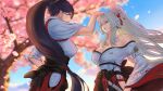  17yq 2girls blue_sky blurry blurry_background breasts cherry_blossoms commentary_request day earrings gyokuro_(wuthering_waves) hair_ribbon hakama hakama_skirt highres hiyuki_(wuthering_waves) japanese_clothes jewelry katana kimono large_breasts long_hair long_sleeves looking_at_another multiple_girls necklace off_shoulder outdoors parted_lips petals pink_petals ponytail red_eyes red_hakama red_ribbon ribbon skirt sky sword weapon white_kimono wide_sleeves wind wuthering_waves 