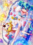  2girls air_bubble alternate_costume alternate_hairstyle aqua_hair aqua_nails bathing bathtub bikini blonde_hair blue_bikini blue_eyes bow breasts bubble commentary cup double_bun flower food food_in_mouth hair_bow hair_bun hair_ornament hairclip hatsune_miku holding holding_cup in_bathtub kagamine_rin looking_at_another looking_up medium_breasts multiple_girls nail_polish open_mouth parallel_hairclips partially_submerged petals petals_on_liquid pink_flower popsicle popsicle_in_mouth rubber_duck shared_bathing short_hair short_twintails small_breasts soap_bubbles swimsuit toenail_polish toenails tojirou_(usagi31415) twintails untranslatable_commentary vocaloid water white_bow yellow_bikini 