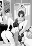  2girls ass barefoot blush bottomless clitoris cunnilingus curtains doctor highres kawakami_sadayo lab_coat monitor monochrome multiple_girls nankodoujin oral original persona persona_5 pussy_juice restrained shirt short_hair spread_legs striped_clothes striped_shirt studded_choker sweat takemi_tae toes x-ray_film yuri 