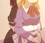  2girls arms_around_another's_waist black_skirt blonde_hair bow bowtie breasts brown_hair capelet collared_dress commentary_request contrast_collar dress eyes_out_of_frame head_out_of_frame hug hug_from_behind long_sleeves lowres maribel_hearn multiple_girls open_mouth own_hands_together purple_dress red_bow red_bowtie ribbon-trimmed_capelet ribbon_trim shirt shirt_tucked_in sidelocks skirt sleeve_cuffs touhou unagi_sango usami_renko waist_bow white_bow white_shirt yuri 