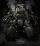  3d absurdres arm_cannon armor black_background bolt_(hardware) caterpillar_tracks character_name commentary copyright_name english_commentary fallout fallout_4 full_body glowing glowing_eyes green_armor highres mecha mecha_focus multiple_legs no_humans non-humanoid_robot official_art one-eyed red_eyes robot science_fiction sentry_bot_(fallout) signature simple_background smoke smoking_barrel steam straight-on tube variant_set vsions weapon zbrush_(medium) 