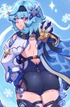  1girl ass backless_outfit black_gloves black_hairband blue_cape blue_hair boots breasts cape clothing_cutout eula_(genshin_impact) genshin_impact gloves hair_between_eyes hairband half-closed_eyes high-waist_shorts highres large_breasts long_sleeves lunatuneflowers medium_hair shorts shoulder_cutout solo thigh_boots thighs yellow_eyes 