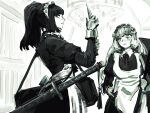  2girls absurdres apron bag freckles highres ishmael_(project_moon) katana kitchen_knife knife limbus_company long_hair maid maid_apron maid_headdress multiple_girls ponytail project_moon ryoshu_(project_moon) sword the_g_(bhu204) weapon wuthering_heights_(identity)_(project_moon) 