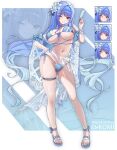  1girl absurdres alternate_costume arcana_(nikke) artist_name bikini black_eyes blue_bikini blue_choker blue_flower blue_hair blue_nails blue_sandals blush breasts choker commentary contrapposto d_plan flower food front-tie_bikini_top front-tie_top frown full_body goddess_of_victory:_nikke hair_flower hair_ornament hairclip hand_on_own_hip highres holding holding_food holding_popsicle lace_trim large_breasts long_hair looking_at_viewer multiple_expressions nail_polish navel one_eye_closed parted_lips popsicle pout sandals side-tie_bikini_bottom sidelocks skindentation smile solo standing string_bikini swimsuit swimsuit_cover-up thigh_strap toenail_polish toenails very_long_hair zoom_layer 