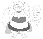 anthro arm_tuft belly belly_shirt big_belly big_breasts bodily_fluids bottomwear breasts canid canine canis cheek_tuft closed_frown clothed clothing collar dialogue digital_drawing_(artwork) digital_media_(artwork) english_text eye_bags eye_through_hair eyelashes facial_tuft fat_belly fat_legs feet female fluffy fluffy_tail frown fur grey_bottomwear grey_clothing grey_collar grey_shorts grey_topwear grocery_bag hair hair_over_eye hands_behind_back handwritten_text hellaverse helluva_boss hindpaw inner_ear_fluff long_hair long_tail looking_away loona_(helluva_boss) mammal monochrome mouth_closed nervous occult_symbol offscreen_character overweight overweight_anthro overweight_female pants paws pentagram pentagram_top pointy_ears prick_ears rumcoat shirt shorts shoulder_tuft simple_background solo speech_bubble spiked_collar spikes standing sweat sweating_profusely symbol tail text thick_thighs topwear torn_clothing torn_topwear translucent translucent_hair triangle_nose tuft white_arms white_background white_belly white_body white_chest white_ears white_eyes white_face white_fur white_hair white_inner_ear white_inner_ear_fluff white_legs white_navel white_neck white_nose white_paws white_tail wolf