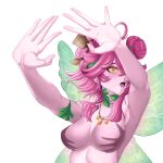  1girl ahoge armpits breasts bumantarastudio colored_sclera colored_skin commentary double_bun earrings english_commentary fairy fairy_wings flower froggyloch_(vtuber) hair_bun hair_flower hair_ornament hand_shadow_covering_breasts_(meme) highres indie_virtual_youtuber jewelry large_breasts meme necklace open_mouth paintbrush_hair_ornament pink_flower pink_hair pink_skin pointy_ears red_eyes sidelocks snail_shell solo surprised virtual_youtuber white_background wings yellow_sclera 