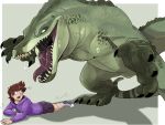 alligator alligatorid anthro black_claws bodily_fluids bottomwear brown_hair claws clothed clothing crocodilian duo finger_claws footwear green_background green_body green_scales green_tail hair hi_res hoodie human imperatorcaesar lying male male_anthro mammal markings muscular muscular_anthro muscular_male on_front open_mouth purple_clothing purple_footwear purple_hoodie purple_shoes purple_topwear red_tongue reptile saliva saliva_on_tongue saliva_string scales scalie sharp_teeth shoes short_hair shorts simple_background slim_anthro slim_male standing striped_markings striped_tail stripes sweat sweaty_face tail tail_markings tan_body tan_skin teeth toe_claws tongue topwear