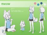 :d ambiguous_gender anthro barefoot black_bottomwear black_clothing black_shorts blue_clothing blue_shirt blue_tank_top blue_topwear bottomwear bravobunny clothing domestic_cat eyewear feet felid feline felis fur glasses green_background hi_res mammal meow_(bravobunny) model_sheet monotone_body monotone_fur pawpads pigtails pink_pawpads plantigrade round_glasses shirt shorts simple_background smile solo tail tank_top topwear white_body white_fur white_tail