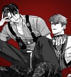  2boys abs belt black_choker black_hair black_tank_top blue_hair boogic0111 chain chain_necklace choker clenched_teeth collared_shirt dark-skinned_male dark_persona dark_skin ear_piercing eyebrow_piercing face_piercing green_eyes grey_eyes hand_on_another's_neck hand_on_own_head harness highres inukai_yuto jewelry looking_at_another male_focus monochrome multicolored_hair multiple_boys multiple_necklaces muscular muscular_male necklace orange_hair paradox_live pectorals piercing red_background red_eyes red_hair scar scar_on_cheek scar_on_face shirt short_hair sitting sitting_on_person smirk spiked_hair sweatdrop tank_top teeth tosa_ryoga undercut 