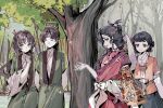  4girls ^_^ arms_behind_back black_hair blue_eyes brown_eyes chinese_clothes chinese_commentary closed_eyes closed_mouth commentary_request dot_mouth forest green_hanfu guan_hat hair_bun hand_up hanfu hat_on_back highres index_finger_raised long_hair multiple_girls nature official_art open_mouth orange_hanfu outdoors paper_heron pearl_finch pip_(reverse:1999) profile red_hanfu reverse:1999 shuangyaji smile time_paradox tree weimao 