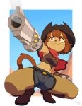 absurd_res anthro bullet claws clothing cowboy_hat cowboy_outfit crouching domestic_cat felid feline felis female gameoverse glitch_productions gun gun_arm handgun hat headgear headwear hi_res kit_(gameoverse) mammal navel ranged_weapon revolver solo uwuwateru weapon weapon_arm