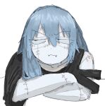  1boy blue_eyes blue_hair crossed_arms cursed_spirit_(jujutsu_kaisen) hair_between_eyes heterochromia highres jujutsu_kaisen long_hair mahito_(jujutsu_kaisen) male_focus patchwork_skin pout shirt simple_background solo stitched_arm stitched_face stitched_forehead stitched_hand stitched_neck stitched_wrist stitches torn_sleeve wooooooiwi 
