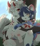  2026 2_horns aellaellae ambiguous_species anthro balls biped black_body black_fur blue_body blue_fur blue_hair blush canid canine clitoral_hood digital_drawing_(artwork) digital_media_(artwork) duo female female_anthro female_on_anthro foreskin front_view fur genitals glans hair hi_res horn humanoid_genitalia humanoid_penis imminent_sex innie_vulva male male_anthro male_on_anthro mammal monotone_hair multicolored_body multicolored_fur nude nude_anthro nude_female nude_male orange_eyes outside partially_retracted_foreskin pawpads penis plant red_body red_fur red_pawpads shaded sky slim slim_anthro slim_female slim_male soft_shading tree under_shade vulva white_body white_fur white_hair 