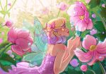  1girl artist_name blonde_hair commentary day dew_drop dress english_commentary fairy fairy_wings flower luztapiaart multicolored_hair original outdoors pink_flower purple_dress purple_hair solo strapless strapless_dress two-tone_hair water_drop watermark wings 