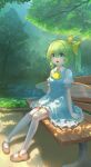  1girl absurdres ascot bench blue_dress bow chinese_commentary collared_shirt commentary_request daiyousei dappled_sunlight day dress fairy fairy_wings frilled_dress frills green_hair hair_bow highres long_hair mary_janes on_bench open_mouth orange_shoes outdoors ponytail puffy_short_sleeves puffy_sleeves shirt shoes short_sleeves sitting solo sunlight thighhighs toorooo touhou tree white_shirt white_thighhighs wings yellow_ascot yellow_bow 
