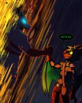 4:5 60percentscalie abs anthro bat bat_wings blue_sclera clothing demon determined determined_eyes dovak duo fire gloves glowing glowing_eyes green_eyes hands_out handwear hi_res inner_monologue inner_thoughts lizard magic magic_user male male/male mammal membrane_(anatomy) membranous_wings muscular muscular_anthro muscular_male night outside painted_background pecs reptile scalie text thinking vauruk wings yellow_eyes