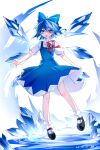  1girl absurdres black_shoes blue_bow blue_dress blue_eyes blue_hair bow chinese_commentary cirno commentary_request dated detached_wings dress full_body hair_bow heng_(heng798616) highres ice ice_wings looking_at_viewer mary_janes neck_ribbon open_mouth outstretched_arms pinafore_dress puffy_short_sleeves puffy_sleeves red_ribbon ribbon shoes short_hair short_sleeves sleeveless sleeveless_dress smile socks solo spread_arms touhou white_socks wings 