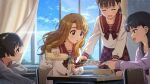  4girls :o bottle bow bowtie brown_hair card_commentary chair classroom commentary_request day desk game_asset holding holding_bottle idolmaster idolmaster_million_live! idolmaster_million_live!_theater_days indoors long_hair long_sleeves miyao_miya multiple_girls official_art on_chair plaid_bow plaid_bowtie plaid_clothes plaid_skirt pouring purple_eyes red_bow red_bowtie red_sailor_collar red_skirt sailor_collar sailor_shirt school school_chair school_desk school_uniform shirt sitting skirt third-party_source white_shirt 