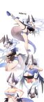  1girl absurdres ahoge ankle_lace-up bandeau black_bandeau black_horns black_wings blood blue_eyes borderless_panels breasts bruise bruise_on_stomach cleavage collar denim denim_shorts disembodied_hand dragon_girl dragon_horns dragon_tail dragon_wings hair_ornament hair_scrunchie high_kick highres horns injury kicking kunkun_pa large_breasts metal_collar micro_shorts navel nosebleed original punching scrunchie shorts simple_background spitting stomach_punch tail tears thigh_strap twintails white_background white_hair wings wiping_blood 