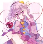 1girl black_hairband blue_shirt blush buttons closed_mouth collared_shirt commentary disembodied_linked_eye eyeball frilled_shirt_collar frilled_sleeves frills hair_ornament hairband hand_on_own_cheek hand_on_own_face heart heart_button heart_hair_ornament highres komeiji_satori long_sleeves looking_at_viewer pink_eyes pink_hair pink_skirt samon_(vxxr8575) shirt signature skirt smile solo touhou wide_sleeves 