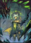  1girl 1other animal_ear_fluff animal_ears arknights bare_shoulders cat_ears cat_girl commentary dress english_commentary eye_trail green_dress green_eyes halterneck jacket kal'tsit_(arknights) light_trail long_sleeves mariosdalart medic_logo_(arknights) medium_hair mon3tr_(arknights) mon3tr_(summon)_(arknights) monster off-shoulder_dress off-shoulder_jacket off_shoulder originium_arts_(arknights) simple_background standing stethoscope stethoscope_around_neck white_hair 