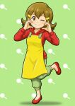  1girl 5-volt absurdres apron blush brown_eyes brown_hair capri_pants curled_ends full_body green_background green_pants hair_ornament hairclip hands_on_own_face highres hood hoodie long_sleeves looking_at_viewer nintendo one_eye_closed pants patterned_background red_hoodie red_shoes shoes short_hair smile solo standing standing_on_one_leg warioware yellow_apron yusaiii 