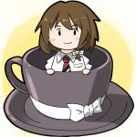  1girl bow breast_pocket brown_hair closed_mouth coffee_mug collared_shirt commentary cup deformed hair_bow mug necktie pocket red_necktie shirt smile solo spinning_teacup touhou unagi_sango usami_renko white_bow white_shirt 