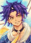  1boy absurdres blue_hair blue_hoodie cai_(fire_emblem) dark-skinned_male dark_skin fire_emblem fire_emblem:_fortune's_weave highres hood hood_down hoodie looking_at_viewer male_focus max_art149 portrait solo two-tone_hoodie white_hoodie yellow_eyes 