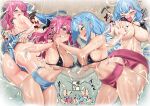  2girls battle bikini bikini_bottom_only black_bow blue_hair blush bow braid breasts cleavage clenched_teeth commentary_request crown_braid grabbing_another's_breast green_eyes groping hair_bow hair_ornament hairclip hairpin harimayuslayer himekawa_senka holding_hands holding_mawashi interlocked_fingers kira_kurara large_breasts long_hair lotion mawashi multiple_girls multiple_views muv-luv muv-luv_girls_garden navel one_eye_closed open_mouth red_eyes red_hair sound_effects sumo swimsuit tears teeth translation_request 