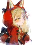  1girl animal_ear_fluff animal_ears arknights arknights:_endfield blonde_hair blush braid cape commentary ears_through_headwear fang grin heart highres hood hood_up hooded_cape long_hair looking_at_viewer parted_lips red_cape rossi_(arknights) simple_background smile solo tyun_tyun333 upper_body white_background wolf_ears wolf_girl yellow_eyes 