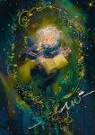  1girl absurdres book chinese_commentary commentary_request from_above full_body glasses green_eyes grey_hair highres holding holding_book medium_hair muyihui open_book original parted_lips round_eyewear signature solo 