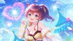  1girl :d aerial_fireworks ahoge animal_ears balloon blue_eyes breasts brown_hair camisole cat_ears cat_girl cleavage commentary confetti fireworks frilled_camisole frills hand_up heart highres hololive jacket jackmiho looking_at_viewer matsurisu medium_breasts medium_hair natsuiro_matsuri natsuiro_matsuri_(matsuri's_day_off) off_shoulder official_alternate_costume open_mouth outdoors scrunchie side_ponytail sidelocks smile solo strap_slip striped_clothes striped_jacket teeth upper_teeth_only virtual_youtuber yellow_camisole yellow_jacket yellow_scrunchie 