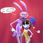 4_fingers annoyed anthro blush bow_tie bulge butt butt_grab clothing cuff_links duo female fingers glistening glistening_clothing glitch_productions half-closed_eyes hand_on_butt hand_on_hip hi_res humanoid jax_(tadc) lagomorph larger_male leotard leporid male mammal narrowed_eyes pomni_(tadc) rabbit screaming_alice size_difference smaller_female smug_expression speech_bubble the_amazing_digital_circus