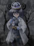  1girl bare_tree belt black_dress black_hair black_pantyhose blue_gloves bob_cut candlestand closed_mouth coat commentary dress english_commentary eyelashes fog gloves gradient_hair greatmothsucks gwynn_(pokemon) hat highres holding holding_candlestand litwick long_sleeves looking_at_another looking_down multicolored_hair o-ring o-ring_belt open_clothes open_coat outdoors pantyhose partially_fingerless_gloves pokemon pokemon_(creature) pokemon_legends:_z-a purple_eyes purple_hair short_hair sugimori_ken_(style) tree white_coat 