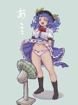  1girl black_hat blue_hair blush bow closed_eyes clothes_lift clothes_pull dress dress_lift dress_pull electric_fan food frills fruit fruit_hat_ornament full_body hat hat_ornament highres hinanawi_tenshi hot kaden_(muxt8423) leaf leaf_hat_ornament lifting_own_clothes long_hair navel panties peach peach_hat_ornament pink_panties puffy_sleeves red_bow shirt short_sleeves smile solo sweat touhou underwear white_shirt 
