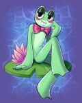 amphibian anthro blush bow_tie caustics countershade_face countershade_torso countershading feet female flower frog glistening_eyelids glitch_productions green_body hi_res lily_(flower) lily_pad membrane_(anatomy) noble-crimson plant ribbit_(tadc) ripples smile solo teeth_showing the_amazing_digital_circus toes water webbed_feet