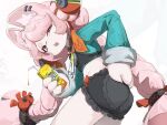  1girl absurdres animal_ear_fluff animal_ear_piercing animal_ears black_shorts braid braided_twintails commentary drink_carton drinking_straw from_side furry furry_female green_shirt hair_ornament highres holding holding_drink_carton holding_juice_box juice juice_box leaning_forward long_hair looking_at_viewer open_mouth pink_fur pink_hair rabbit_ears rabbit_girl red_eyes screw shirt shorts simple_background solo sphere_hair_ornament untranslatable_commentary white_background y_c_n zenless_zone_zero zhao_(zenless_zone_zero) 
