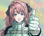  1girl black_ribbon blue_eyes blush gundam hair_intakes hair_ribbon kamiina_botan kamiina_botan_yoeru_sugata_wa_yuri_no_hana kamille_bidan kazenota2 long_hair looking_at_viewer mecha_pilot_suit parody pink_hair ribbon scene_reference solo thumb two_side_up zeta_gundam 