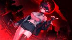  1girl absurdres ahoge black_choker black_gloves black_hair black_jacket black_shorts black_thighhighs blood blood_on_face breasts choker cityscape crop_top dutch_angle fingerless_gloves gloves grin highres holding holding_sword holding_weapon jacket katana large_breasts long_sleeves looking_at_viewer midriff moon navel off_shoulder open_clothes open_jacket original outdoors red_eyes red_sky red_theme see-through_clothes shirt short_hair short_shorts shorts single_thighhigh sky smile solo sushispin sword thighhighs weapon white_shirt 