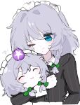  1girl an_72h blue_eyes braid closed_eyes grey_hair highres izayoi_sakuya koumajou_densetsu long_hair one_eye_closed solo touhou twin_braids upper_body white_background white_headdress yukkuri_shiteitte_ne 