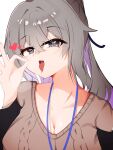  1girl absurdres breasts bronya_zaychik bronya_zaychik_(outstanding_attitude) bronya_zaychik_(silverwing:_n-ex) cleavage commentary_request dr3amoon grey_eyes grey_hair grey_sweater highres honkai_(series) honkai_impact_3rd korean_commentary large_breasts long_hair looking_at_viewer official_alternate_costume oral_invitation saliva simple_background solo sweater tongue tongue_out upper_body very_long_hair white_background 
