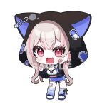  1girl :3 animal_hood black_jacket blue_leg_warmers blue_shorts breasts cat_hood character_request chibi chibi_only claw_pose cleavage commentary commission copyright_request ear_piercing english_commentary fang full_body gauze_on_knee grey_hair highres hood jacket kiwipodo leg_warmers long_hair midriff multicolored_hair open_clothes open_jacket open_mouth paperclip piercing pink_eyes pink_streaks sample_watermark shoes short_shorts shorts sidelocks simple_background skin_fang smile streaked_hair tank_top virtual_youtuber watermark white_background white_shoes white_tank_top 