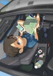  2boys absurdres barefoot blue_eyes blue_shirt bottle brown_shorts car cellphone charging_device child commentary_request convertible from_above highres holding holding_map holding_phone honda_s660 map motor_vehicle multiple_boys open_mouth original otetekoten phone reflection shirt short_hair shorts sideways sitting smartphone solo_focus sunglasses windshield 