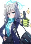  1girl absurdres abydos_high_school_logo animal_ears aqua_eyes aqua_necktie aqua_scarf bag black_bag black_skirt blue_archive blue_jacket blush breast_pocket closed_mouth commentary_request cowboy_shot cross_hair_ornament gloves green_gloves hair_ornament hand_on_own_hip highres id_card jacket long_sleeves looking_at_viewer mismatched_pupils necktie open_clothes open_jacket plaid_clothes plaid_skirt pocket scarf shiroko_(blue_archive) shirt short_hair simple_background single_glove skirt solo sparkle standing swept_bangs thumbs_up waterappliance white_background white_shirt wolf_ears wolf_girl 