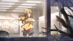 1girl brown_hair card_commentary commentary_request dancing floating_hair from_outside game_asset green_shorts idolmaster idolmaster_million_live! idolmaster_million_live!_theater_days indoors long_hair miyao_miya official_art shirt short_sleeves shorts solo standing third-party_source window yellow_shirt 